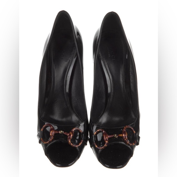 Gucci Black Patent Leather Peep-Toe Pumps with Horsebit Accent (Size 9, IT39) - Picture 1 of 4